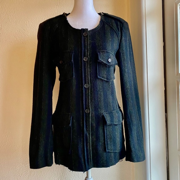 Isabel Marant navy/charcoal striped fitted wool jacket w/ raw edge detail  Sz L - Picture 1 of 13